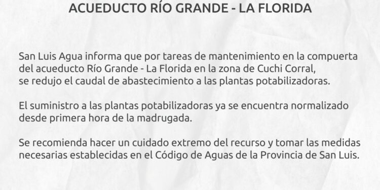 Según comunicado del Gobierno, el servicio del agua potable que sufrió el corte en el día de ayer está reestablecido